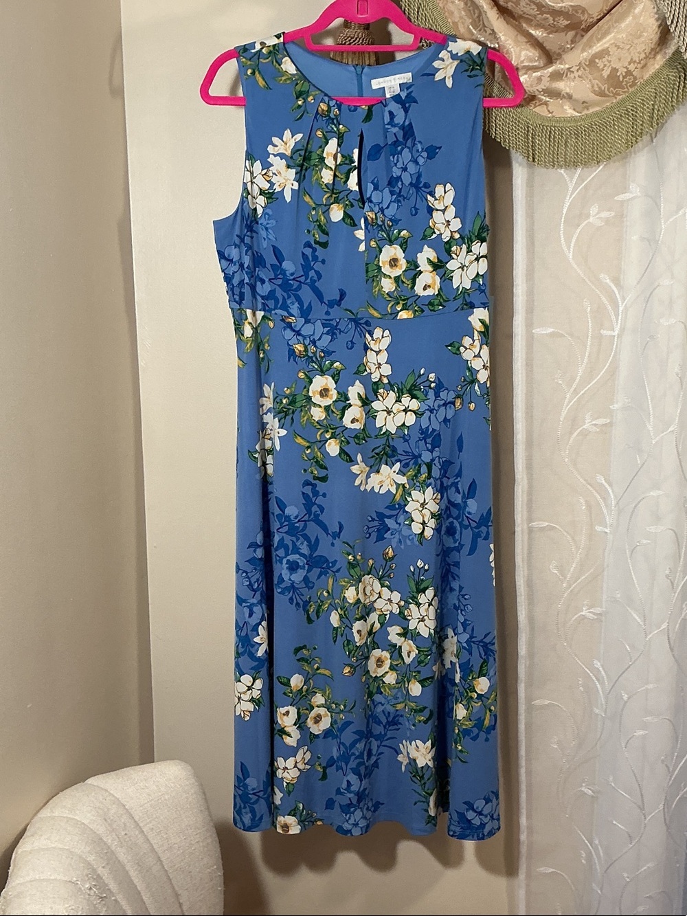 NWT London Times Sleeveless Blue Floral Midi Dress Sz 14 Feminine Romantic Party